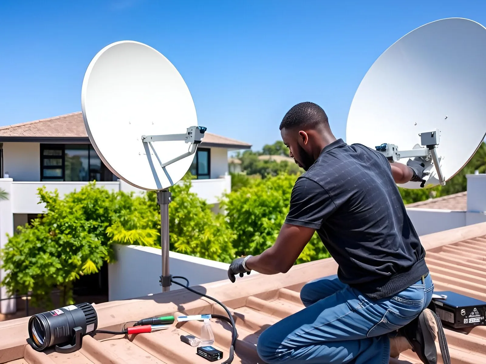 A technician kneeling on a tiled roof aligning a pair of satellite dishes outside a white house, tools laid out on the tiles beside him.